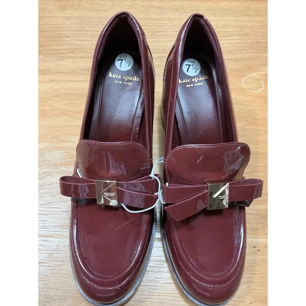 Kate Spade Burgundy Patent Leather Bow Heeled Loafers Size 7.5B Block Heel